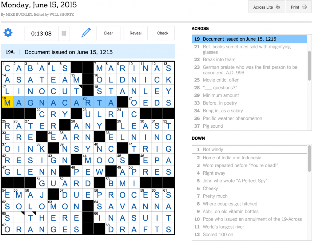 Josh Blackman » Magna Carta Sealed in NY Times Crossword Puzzle