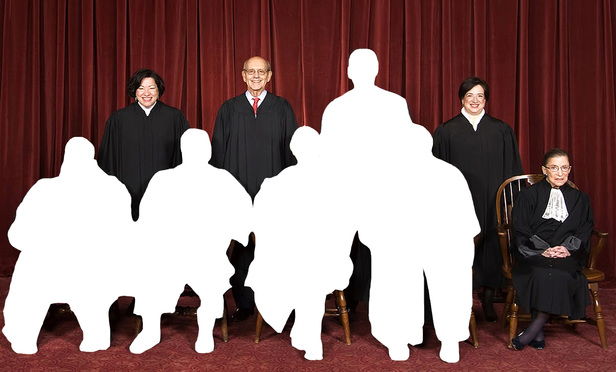 United States Supreme Court justices in 2010. Top row (left to right): Associate Justice Sonia Sotomayor, Associate Justice Stephen G. Breyer, Associate Justice Samuel A. Alito, and Associate Justice Elena Kagan. Bottom row (left to right): Associate Justice Clarence Thomas, Associate Justice Antonin Scalia, Chief Justice John G. Roberts, Associate Justice Anthony Kennedy, and Associate Justice Ruth Bader Ginsburg.  October 8, 2010.  Photo: Steve Petteway/Collection of the Supreme Court of the United States via Wikipedia.